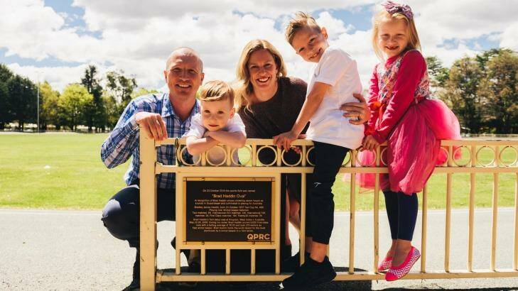Brad Haddin, who had a Queanbeyan Oval named after him on Sunday, says Simon Katich and Michael Clarke should've sorted things out years ago. He's pictured with wife Karina, and three children, Hugo, 4, Zac, 8, and Mia, 6, at the newly-named Brad Haddin Oval in Queanbeyan. Photo: Rohan Thomson