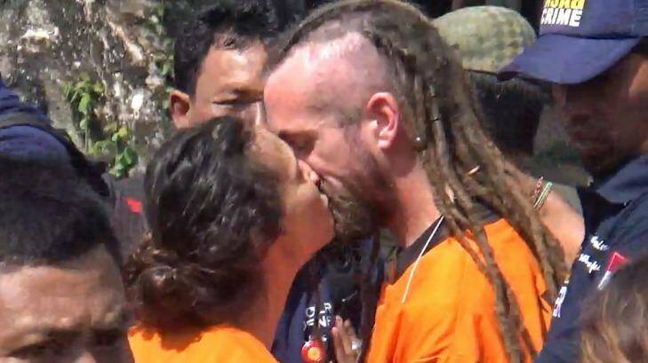David Taylor and Sara Connor kiss  after the  Wednesday's re-enactment was completed. Photo: Supplied