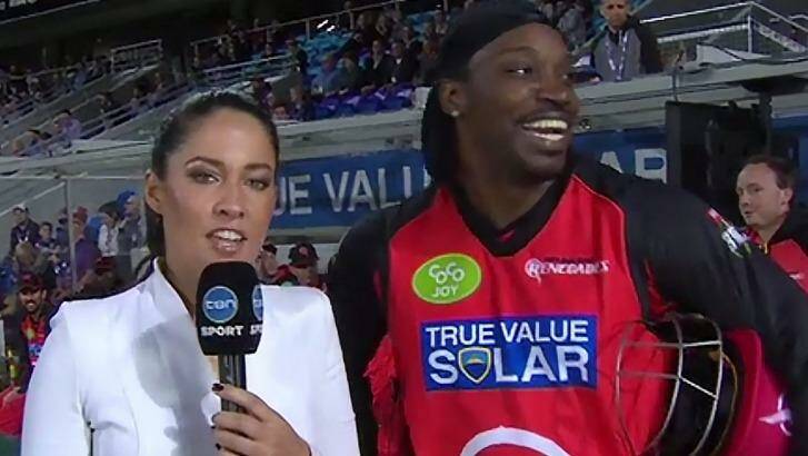 Infamous moment: Chris Gayle and 'that' interview with Mel McLaughlin. Photo: Channel Ten