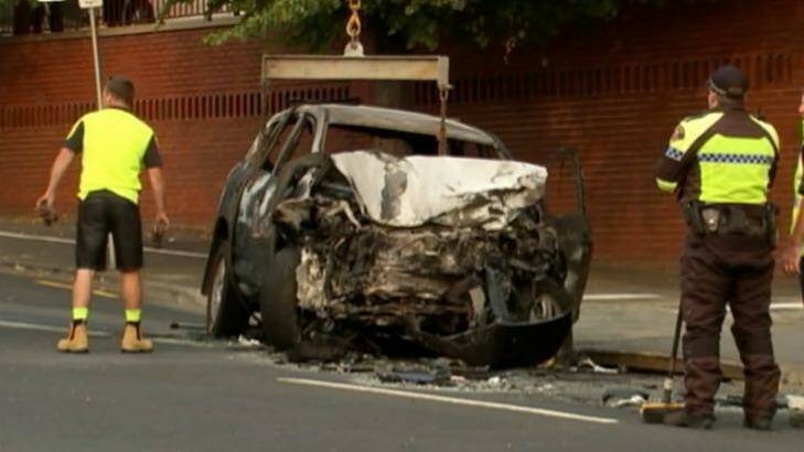 One car was completely burnt out in the crash.  Photo: Screenshot ABC