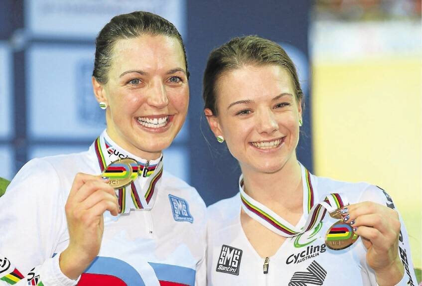 Women's Individual Pursuit gold medallist Rebecca Wiasak and bronze medallist Amy Cure. Picture: GETTY IMAGES