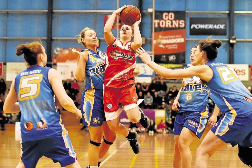 Tornadoes captain Lauren Mansfield bursts into the key to take a shot in Saturday night's clash against Bendigo. Picture: SCOTT GELSTON