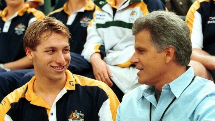 Coming out earlier would have helped: Ian Thorpe with Mark Spitz. Photo: Nick Wilson