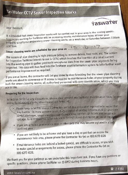 A copy of the sewerage pipe treatment notice letter sent out to residents without TasWater's knowledge.