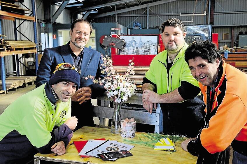 WAITING FOR YOUR IDEAS: Greens senator Peter Whish-Wilson, rear left, with Self Help Workplace employees Ricky Kent, Craig Skinner and Dale Kean. Picture: PHILLIP BIGGS
