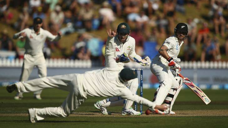 Chancing his luck: New Zealand's Brendon McCullum offers a catch to Steve Smith. Photo: Ryan Pierse