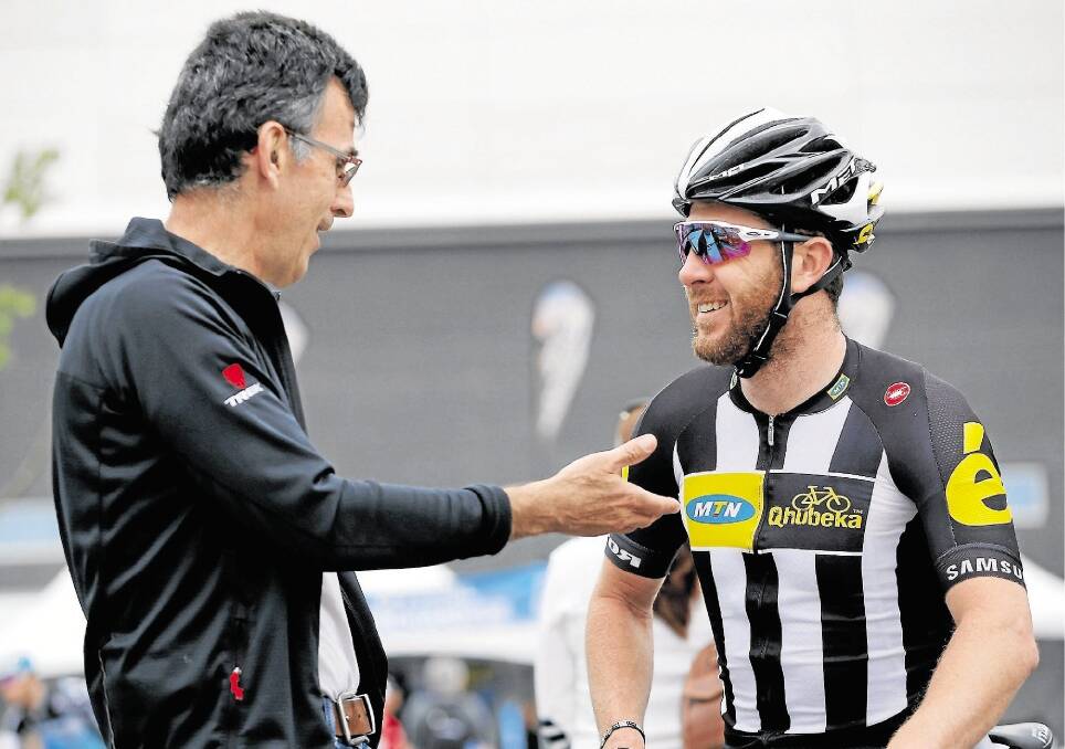 ONTARIO, CA - MAY 16:  (L-R) Alain Gallopin of France and director for Trek Factory Racing talks with Matthew Harley Goss of Australia riding for MTN-Qhubeka prior to the start of stage seven of the 2015 Amgen Tour of California from Ontario to Mt. Baldy on May 16, 2015 in Ontario, California.  (Photo by Doug Pensinger/Getty Images)