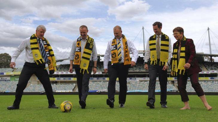 From left: Capital Football president Mark O'Neill, ACT Chief Minister Andrew Barr, Mariners boss Shaun Mielekamp, Phoenix boss David Dome and Wellington mayor Celia Wade-Brown announce an A-League match between the two clubs. Photo: Graham Tidy 