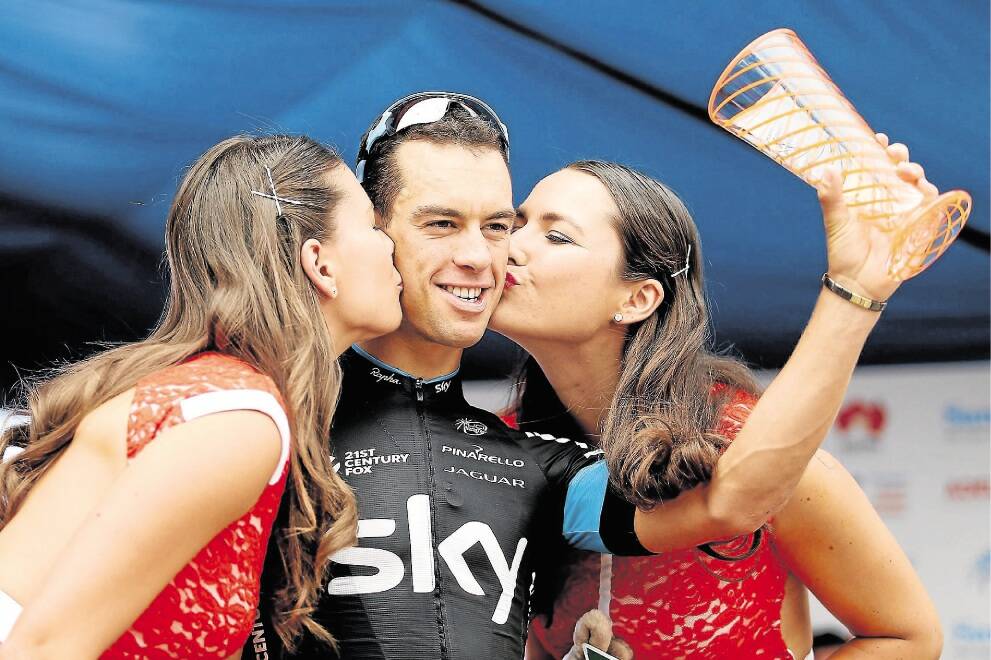 ADELAIDE, AUSTRALIA - JANUARY 24: Australian cyclist Richie Porte of Team Sky celebrates on stage after winning Stage 5 of the 2015 Santos Tour Down Under on January 24, 2015 in Adelaide, Australia.  (Photo by Morne de Klerk/Getty Images)