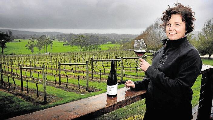 Moores Hill director Fiona Weller with a glass of her vineyard's pinot. Picture: SCOTT GELSTON