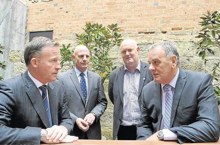 Premier Will Hodgman, Treasurer Peter Gutwein, Tasmanian Hospitality Association's Steve Old and Advanced Personnel Management's Michael Hobday discuss the jobs drive.