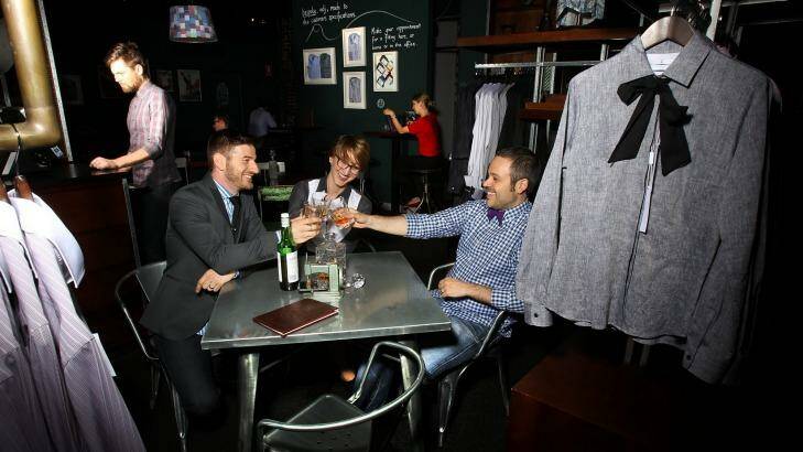 Made to fit: (seated, from left) proprietors Justin Marmot, Louka Marmot and Adam Hofbauer at Shirt Bar. Photo: Rob Homer
