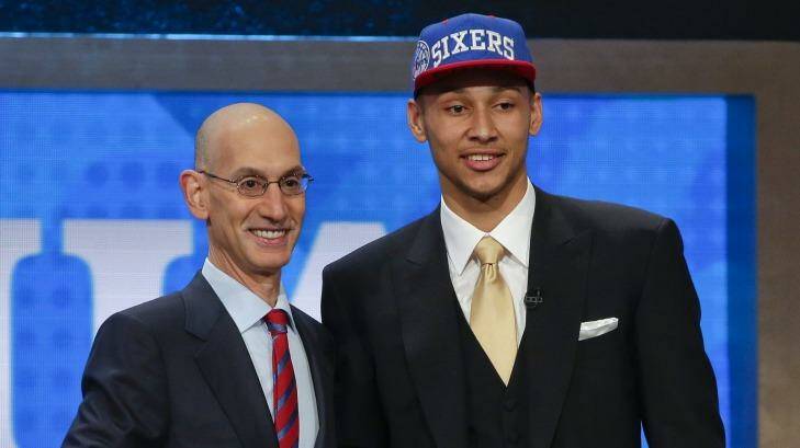 Ben Simmons with NBA Commissioner Adam Silver after being selected as the top pick by the Philadelphia 76ers. Photo: Frank Franklin II/AP