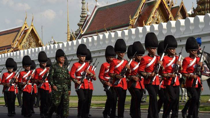 Guards outside the Grand Palace in Bangkok in preparation for the arrival of the body of Thailand's King Bhumibol Adulyadej. Photo: Kate Geraghty
