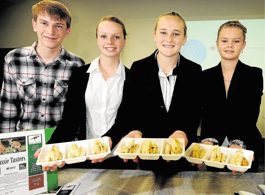 Exeter High  School's ''Tassie Tasters'' Alec Ross, Sophie Landsberg, Gabrielle Horton and  Lilly Adkins with their Wallaby Products. Picture: GEOFF ROBSON.