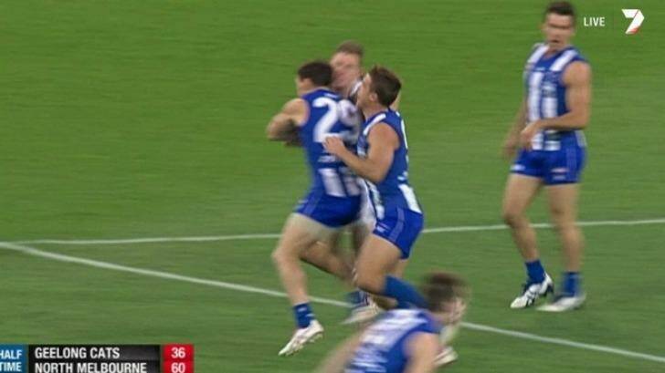 Brent Harvey and Joel Selwood clash during the semi-final on Friday. Photo: Channel Seven
