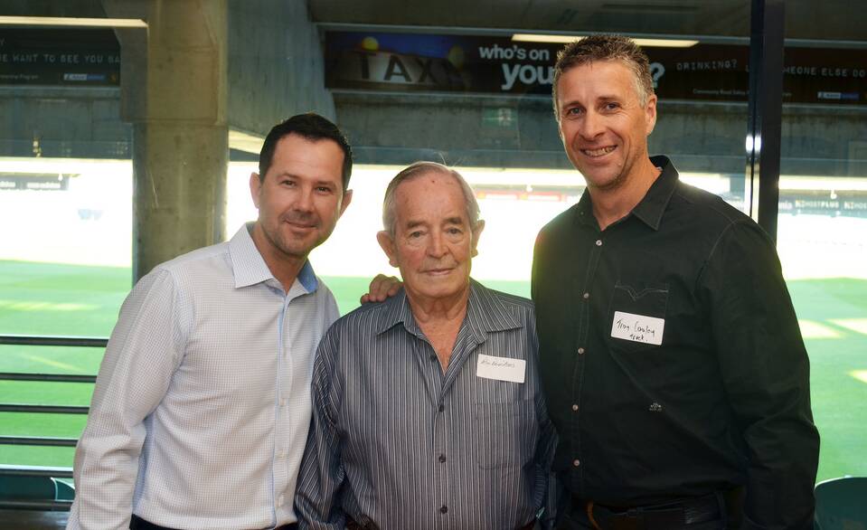  Rex Davidson, centre, with Ricky Ponting, and Troy Cooley, of Newnham, at the Mowbray Cricket Club reunion on Saturday night.
