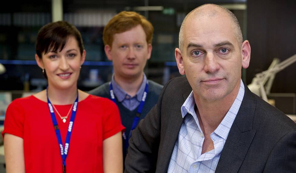 Celia Pacquola and Luke McGregor, with Rob Sitch, on the set of ABC's Utopia.