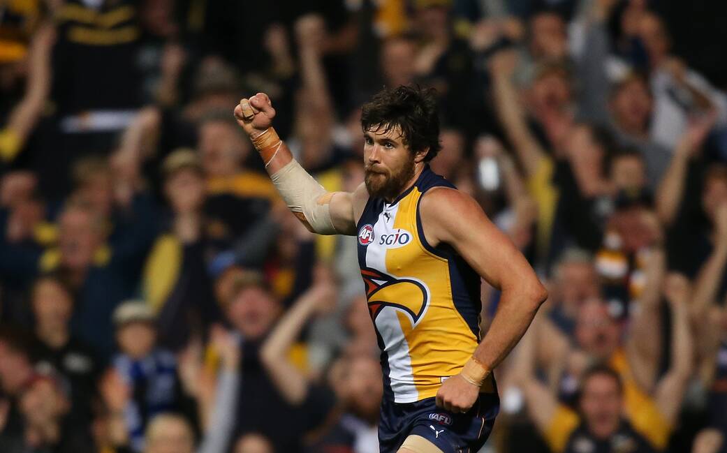  Josh Kennedy of the Eagles celebrates a goal during the AFL Second Preliminary Final match against North Melbourne. Picture: GETTY IMAGES