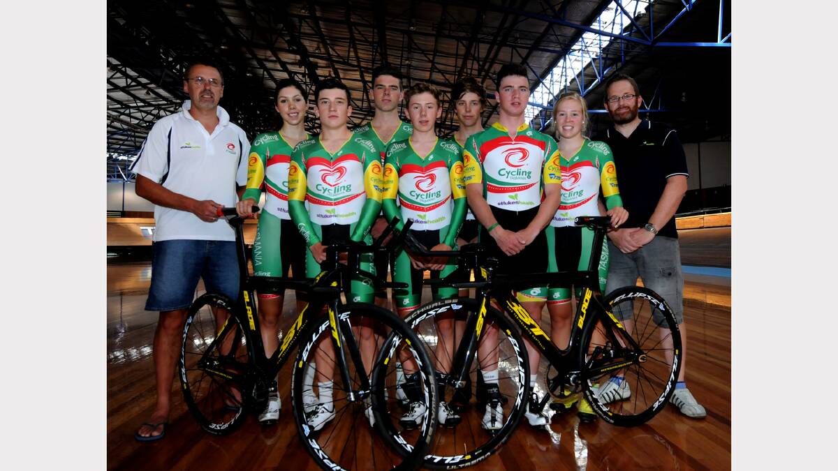 Cycling Tasmania executive officer Collin Burns with some members of the Tasmanian team for the national cycling track titles: Georgia Baker, Hayden Di Cocco-Grant, James Robinson, Harrison Baker, Jake Oliver, Gerald Evans, Lauren Perry and Darren Harris from sponsor St Lukes. Picture: GEOFF ROBSON