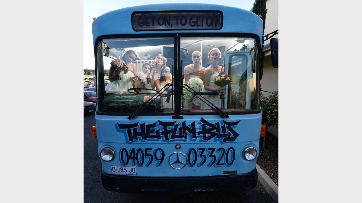 All aboard the Fun Bus - Brides escape the Launceston Bridal Expo and take the wheel. Picture: Mark Jesser