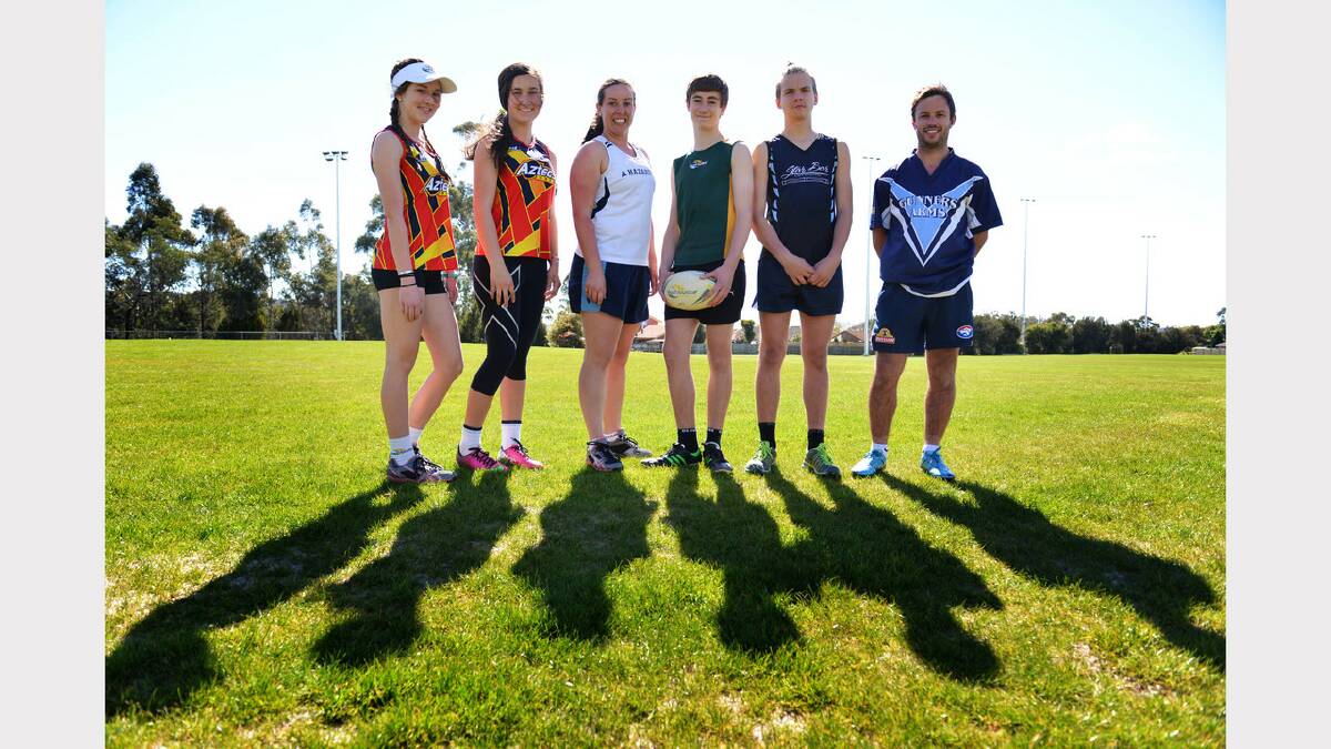 Jade Marquis, Maddie Hickman, Alicia Perry, Thomas Maddock, Henry Gee and Sam Mathew gear up for the 2014-15 Launceston Touch Association season. Picture: SCOTT GELSTON