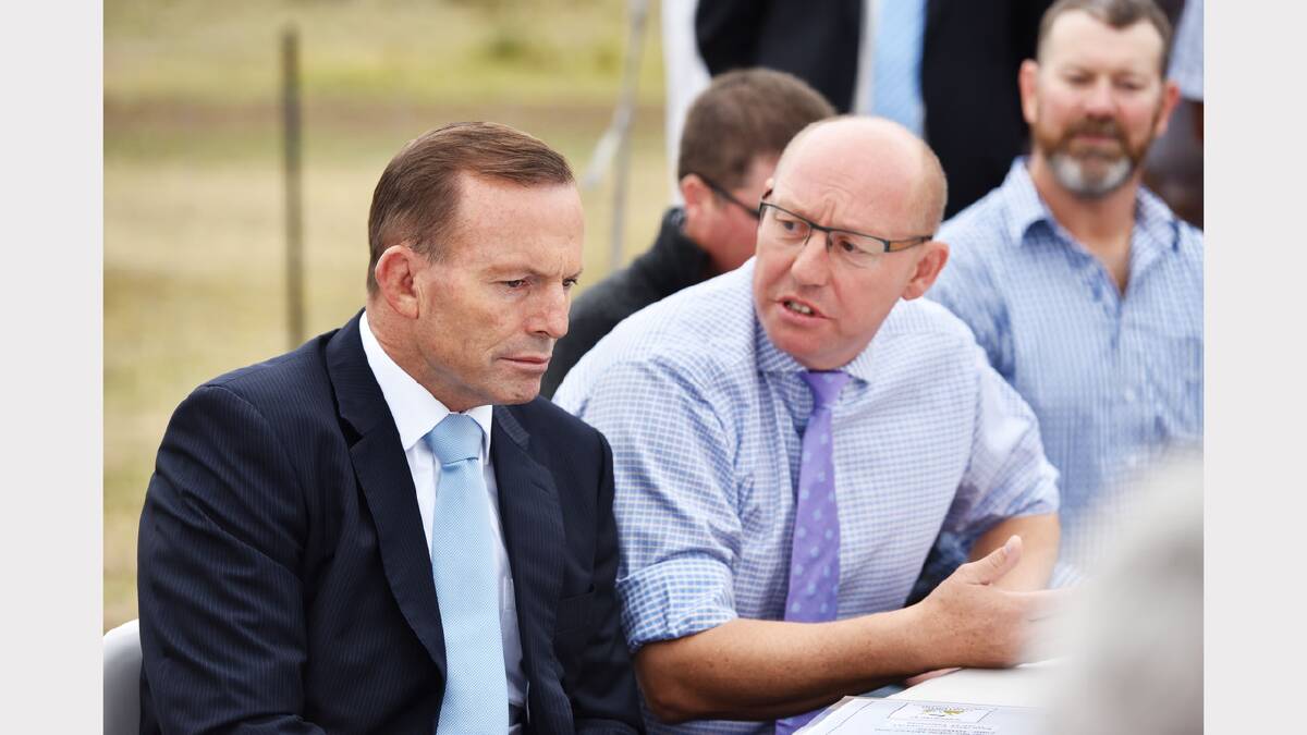 Prime Minister Tony Abbott and Lyons MHR Eric Hutchinson at Evandale last week.