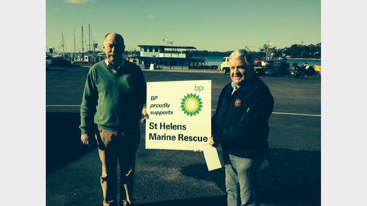 BP Australia's Terry Brown and St Helens Marine Rescue vice-president Paul Young.