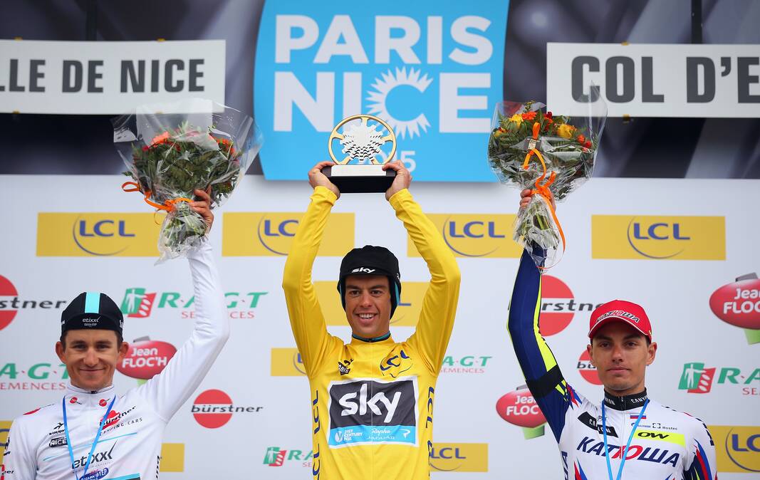 Paris-Nice winner Richie Porte, with second-placed Michal Kwiatkowski and third-placed Simon Spilak. Picture: Getty Images