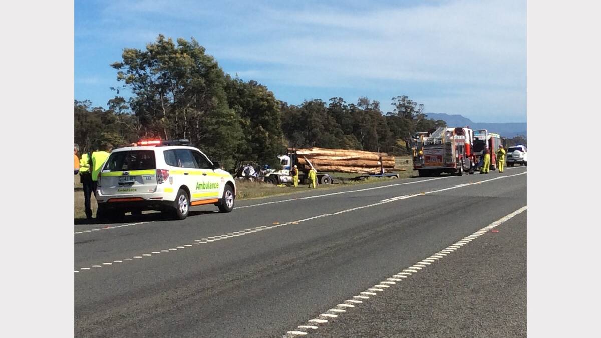 A log truck and a car have been involved in a crash on the Bass Highway near Prospect. Picture: Scott Gelston