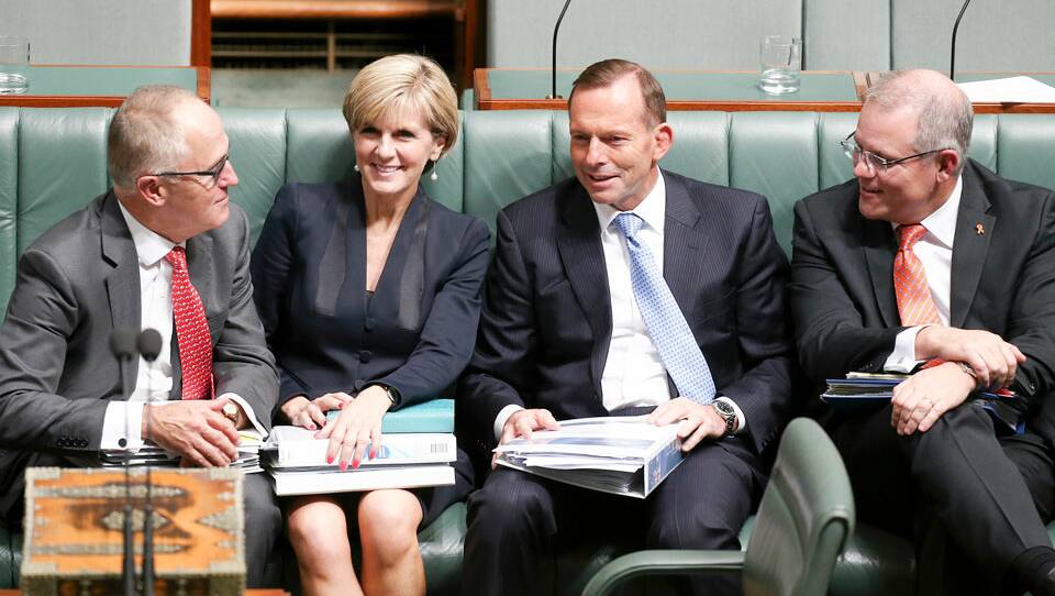 Tacit understanding: Communications Minister Malcolm Turnbull, Foreign Affairs Minister Julie Bishop, Prime Minister Tony Abbott and Social Services Minister Scott Morrison on March 19, 2015. Photo: Alex Ellinghausen