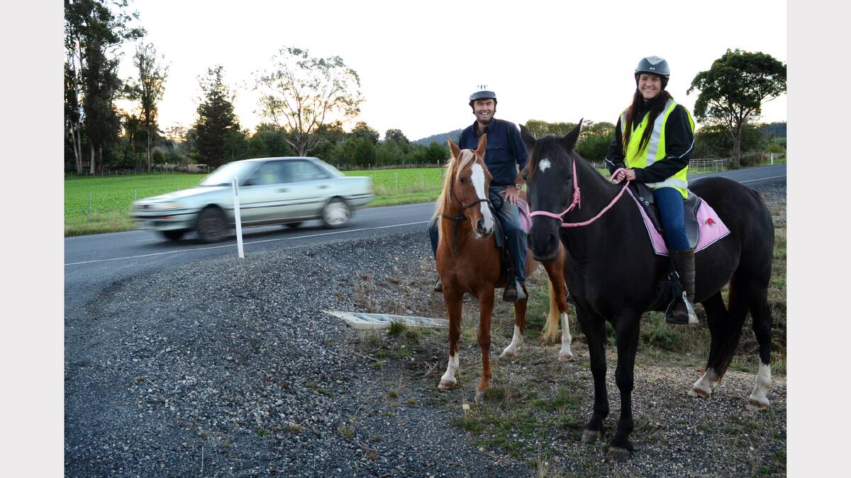 Horse riders Jeremy Ford and Kelly Parker got out and about to spread awareness about riders on roads. Picture: James Brady