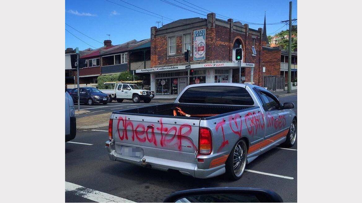 The spraypainted car spotted in Launceston was posted to Facebook page 'Dash Cam Owners Australia' on Monday. Picture: Facebook