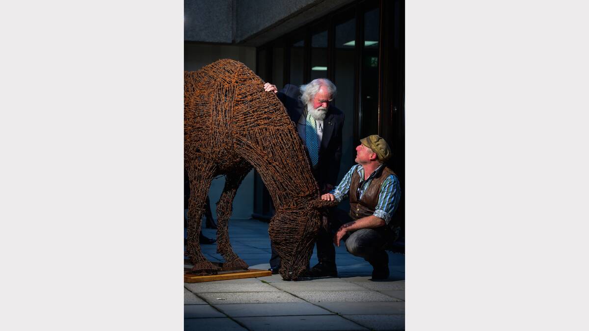Launceston General Hospital visual arts committee chairman Paul Richards with Cygnet artist Nick Adams and his barbed wire horse.  Picture: PHILLIP BIGGS