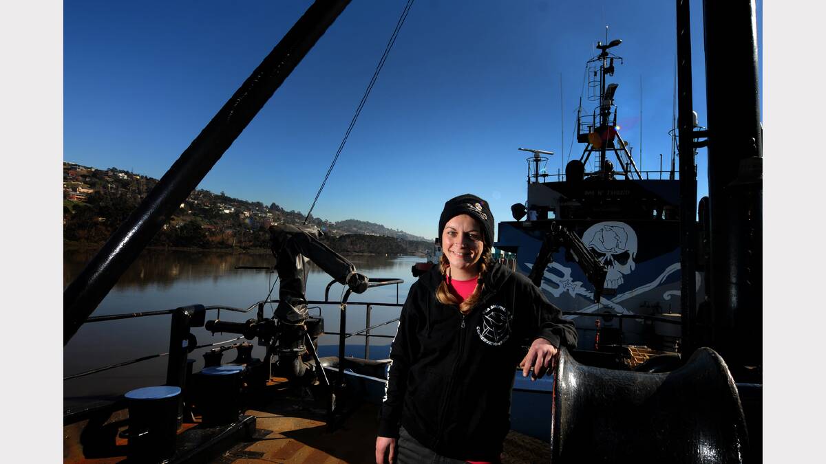 Ship manager Pia Klemp aboard the Steve Irwin Sea Shepherd, which will leave Launceston today after being in dry dock for more than a month. Picture: Geoff Robson