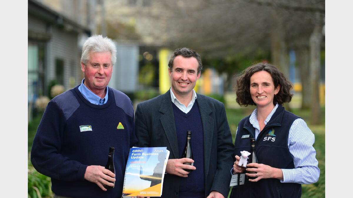 TP Jones field services officer John Cashion, Lachstock Consulting managing director Lachie Stevens and Southern Farming Systems trials and project manager Heather Cosgriff. Picture: PHILLIP BIGGS