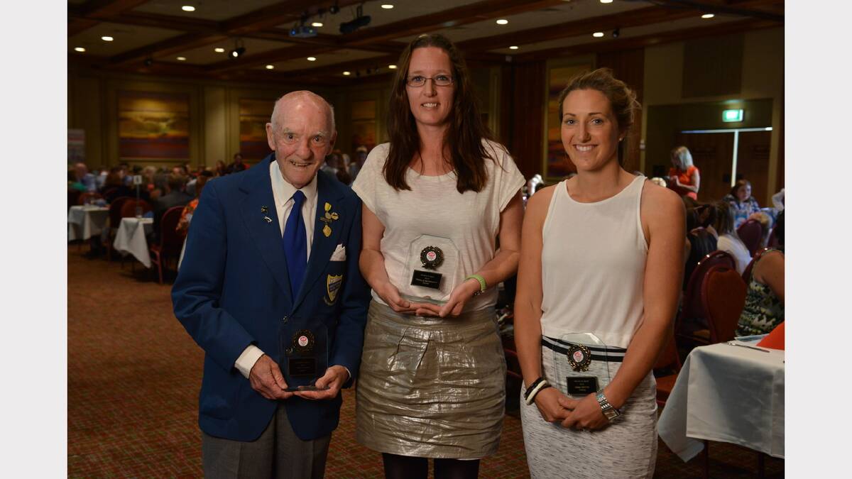 Service to sport winners Jock Glass, Tenielle McDermott, and Emma Whyte, with their awards. Picture: Scott Gelston