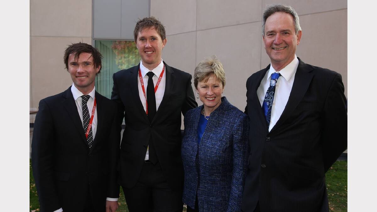 Former Greens Leader Senator Christine Milne with her husband Gary Corr and sons Tom L and James in Parliament House in Canberra on Wednesday 6 May 2015. Photo: Andrew Meares