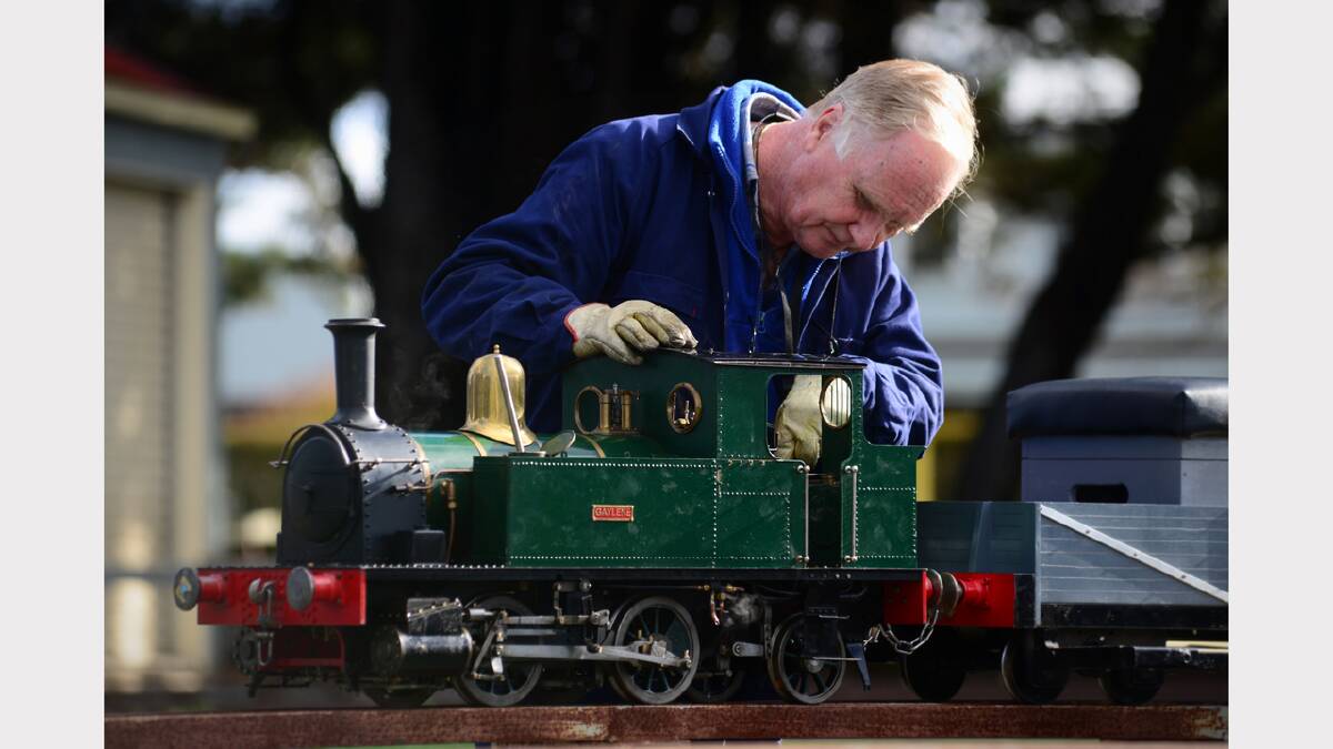 Arch Robinson, of Legana, with his English tank engine miniature at Morven Park at Evandale.