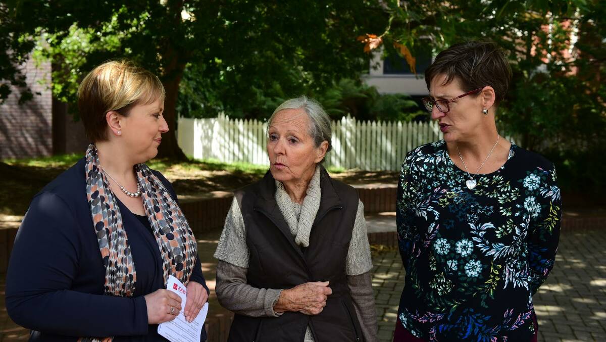 Labor Franklin MHA Lara Giddings, Grindelwald euthanasia advocate Helena Lettau and Greens leader Cassy O'Connor at Civic Square. Image: Paul Scambler