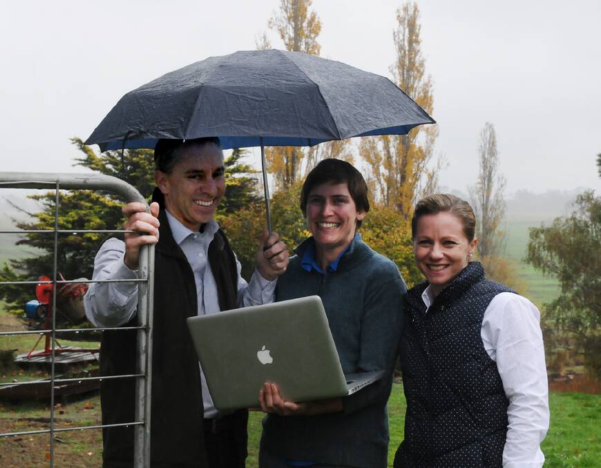 CSIRO research scientist Dave Henry, farmer Felicity Mason and Sense-T director Amanda Castray at The Moat near Carrick.