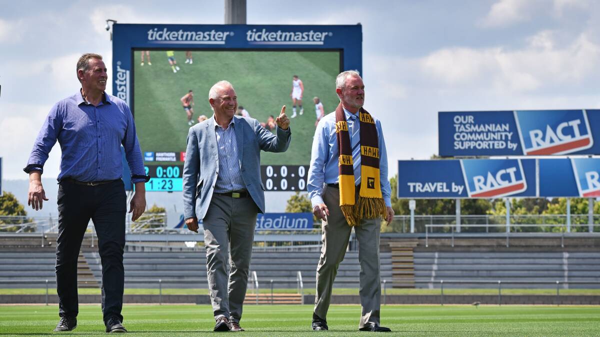 Robert Groenwegen, Alderman Hugh McKenzie and mayor Albert van Zetten at Aurora Stadium on Friday. PHOTO: Scott Gelsten 