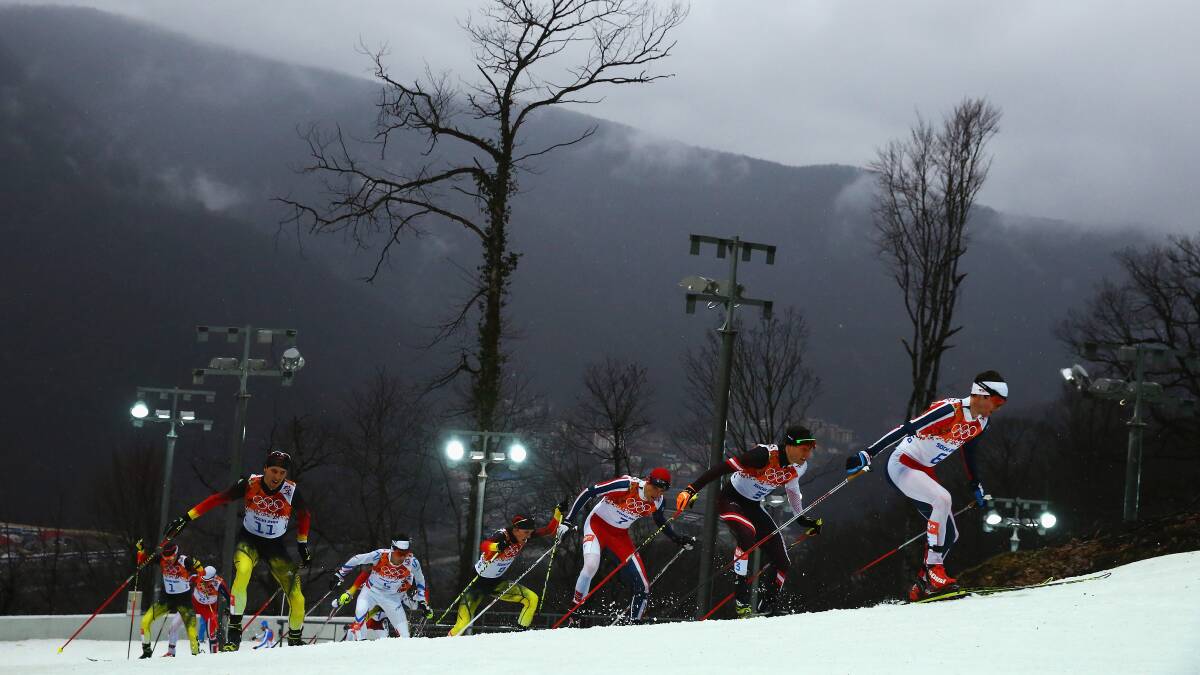 Joergen Graabak of Norway leads the pack in the Nordic Combined Men's 10km Cross Country during day 11 of the Sochi 2014 Winter Olympics at RusSki Gorki Nordic Combined Skiing Stadium on February 18, 2014 in Sochi, Russia. Photo: GETTY IMAGES