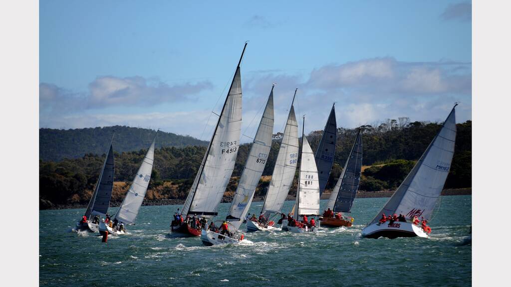 The start of this morning's Launceston to Hobart yacht race. Picture: Geoff Robson. 