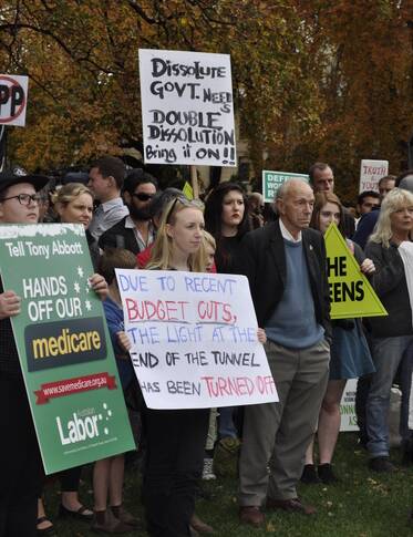 Hundreds of people rallied in Hobart today against the Federal Budget. Picture: Rosemary Bolger.