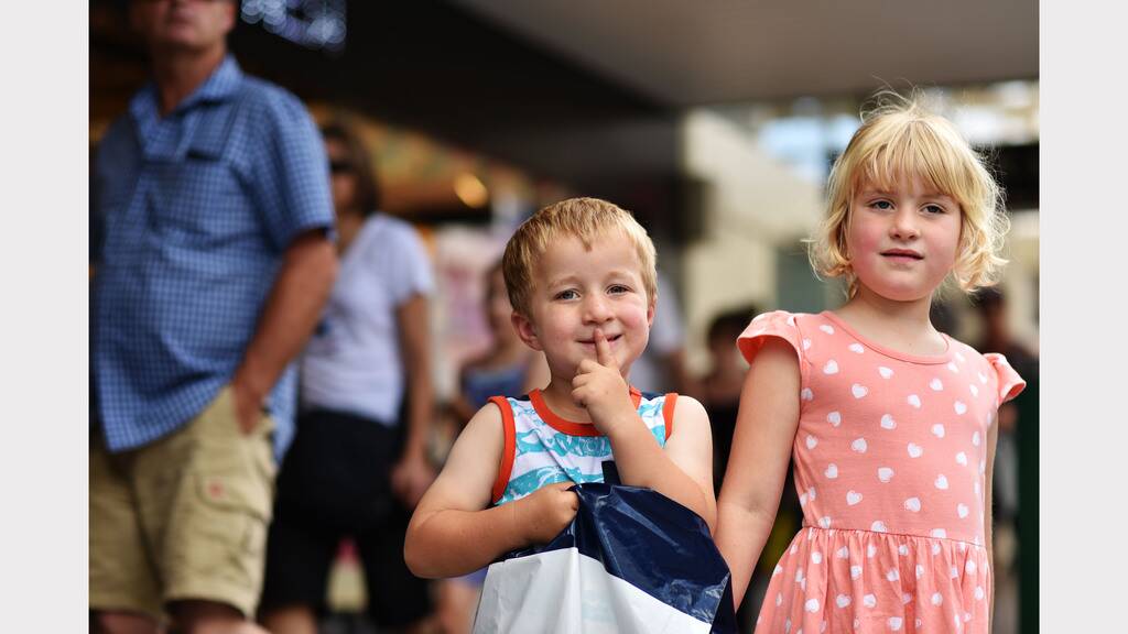  Amelia Miller, 6 and her younger brother Angus, 4, of Toiberry, in Launceston's CBD today. Picture: Scott Gelston.	