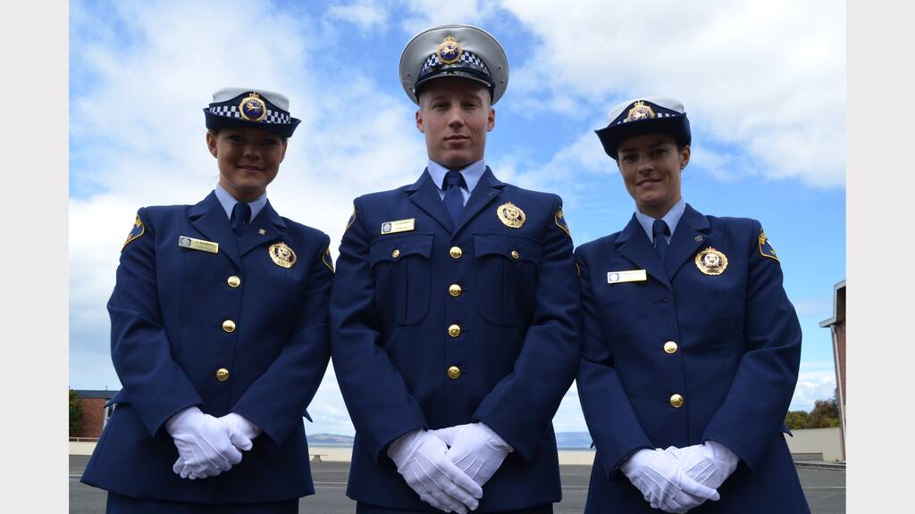 Connie Stewart, Zak Burnett and Nikki Mackintosh today were  sworn in as fully-fledged constables. Picture: Daniel McCulloch. 