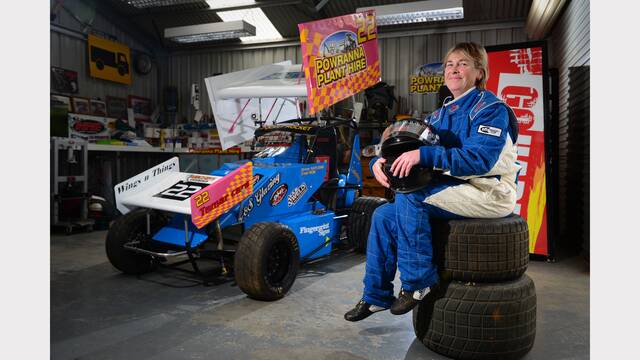 Gaylene McGiveron, of Kings Meadows, with her F500 speedway car. Picture: PHILLIP BIGGS.