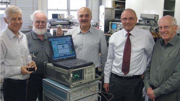 CSIRO Wi-Fi technology inventors, from left: Diet Ostry, Graham Daniels, John Deane, John O'Sullivan and Terry Percival at CSIRO's Marsfield lab in Sydney, where the technology was developed in the 1990s. Photo: CSIRO 