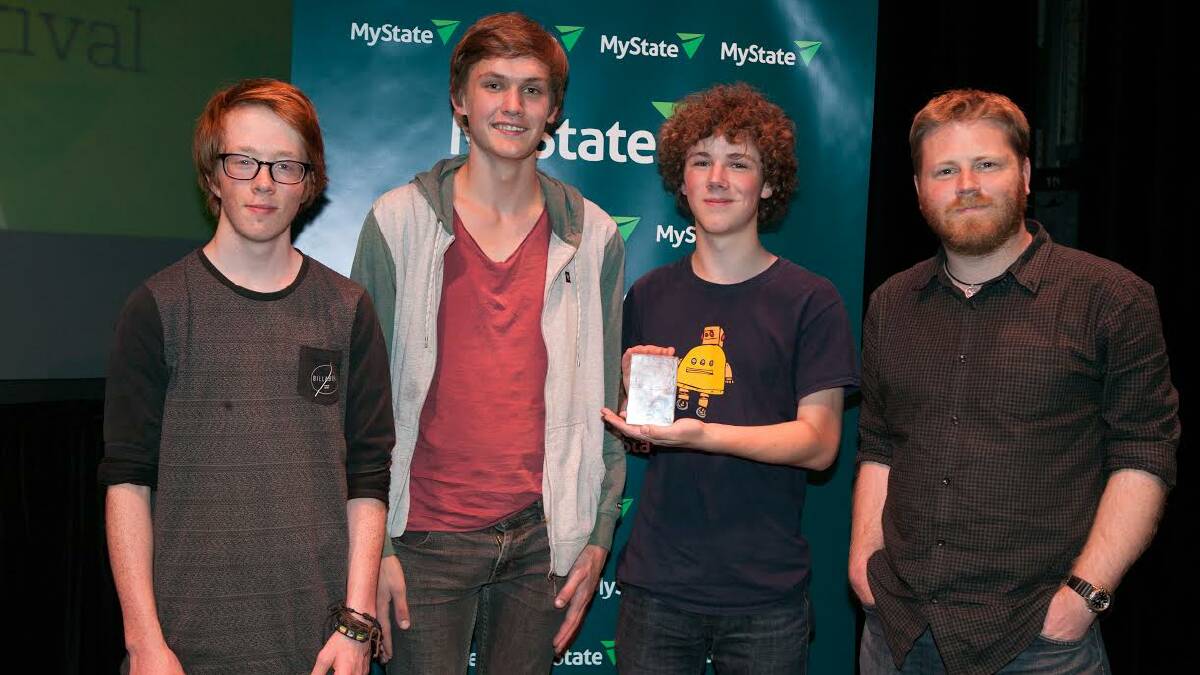 Harry Dempsey, Fiontan Cassidy, Jordan Peters and judge Shaun Wilson at the  MyState Student Film Festival Awards